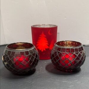 Red Christmas tree and mosaic Candle Holders tea light set of 3